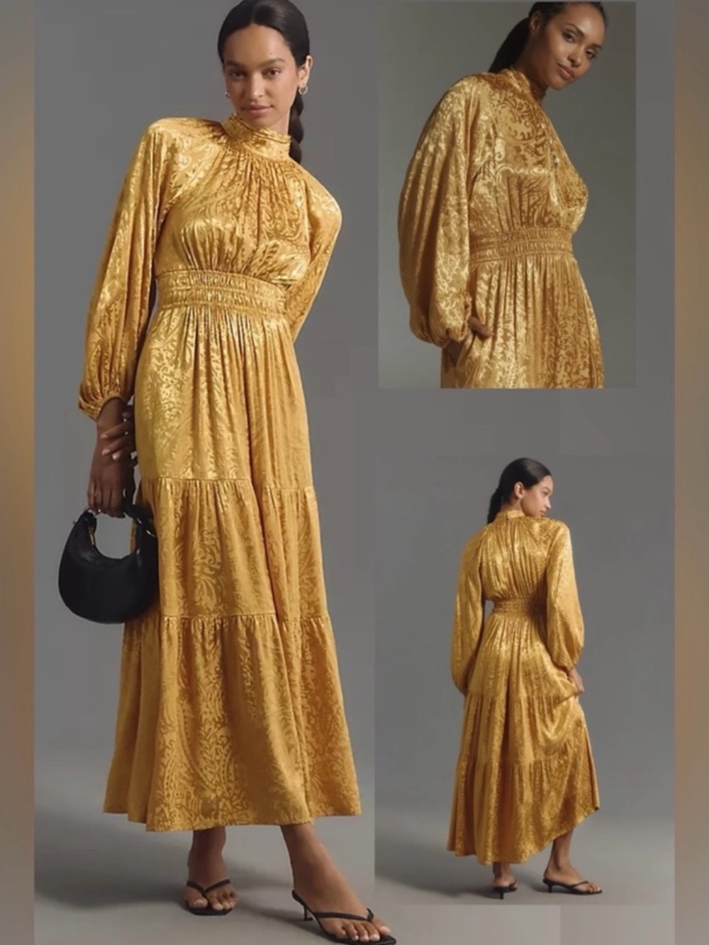 Anthropologie Somerset Golden Jacquard Tiered Maxi Dress